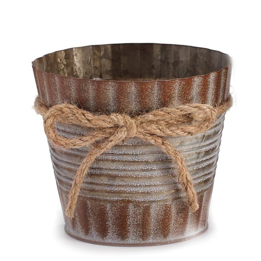 4.5" Rustic Corrugated Tin Pot Cover w/ Twine Bow, Includes Liner NEW